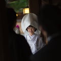 Young happy groom and bride during japanese traditional wedding ceremony at Meiji-jingu shrine in Tokyo, Japan on Royalty Free Stock Photo