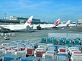 A lot of aircraft parked at the Narita international airport