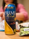 Close-up of Asahi prime rich beer can with Japanese snack