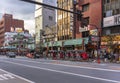 Pulled rickshaws called jinrikisha in Japanese parked in line on the Kaminarimon street of Asakusa.