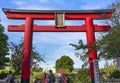 Red Torii gate of the shintoist Kameido Tenjin shrine dedicated to Sugawara no Michizane. Royalty Free Stock Photo