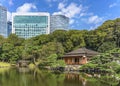 Pond of Hama-rikyÃÂ« Gardens reflecting in the water the buildings and a traditional Japanese teahouse.