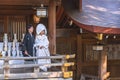 Japanese shinto wedding of a couple in kimono under a lantern of the Meiji Shrine.