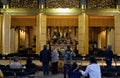 The interior of the main hall of Tsukiji Hongan-ji Buddhist temple. Tokyo, Japan