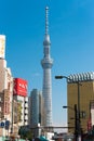 TOKYO, JAPAN - OCTOBER 31, 2017: View of the television tower against the blue sky. Vertical. Copy space for text. Royalty Free Stock Photo