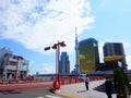 Tokyo / Japan - Sept 18 2018: The buildings of the Asahi Breweries is one of Tokyo`s most notable modern landmarks. Tokyo Skytree