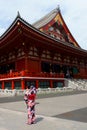 Sensoji Temple in Asakusa. Girls in summer kimono yukata are photographed