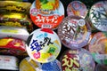 Close-up of instant ramen and noodle cups in Japan