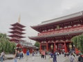 TOKYO, JAPAN - SEPTEMBER 28, 2017 : Hozomon, treasure house gate, with 5 storied pagoda on the background in Asakusa