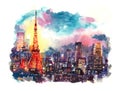 Tokyo, Japan- September 2016: Japan landmark Tokyo tower at twilight watercolor illustration Royalty Free Stock Photo