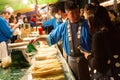 Tokyo, Japan - July 12, 2020 : Japanese farmers are selling organic pickled radish to customer at stall on street food in
