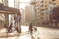 Tokyo, Japan - July 10, 2020 : local Japanese businessman biking on the bike to train station to go to work on Monday morning at t