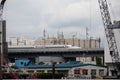 TOKYO, JAPAN - September 15, 2020 :  Shinkansen moving across industrial area in Shinagawa Royalty Free Stock Photo