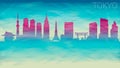 Tokyo Japan Silhouette Skyline City. Broken Glass Abstract Geometric Dynamic Textured. Banner Background. Colorful Shape Compositi