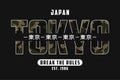 Tokyo, Japan slogan t-shirt design with knitted camouflage texture. Tee shirt in military and army style with knit camo