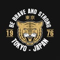 Tokyo, Japan typography graphics for slogan t-shirt with japanese tiger. Tee shirt print with grunge and inscription in Japanese. Royalty Free Stock Photo