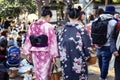 Tokyo, Japan, 04/04/2017: Young girls in a kimono on the city streets. Back view Royalty Free Stock Photo