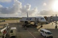 TOKYO - JULY 2018: All Nippon Airways ANA aircraft and services vehicle at Narita International Airport