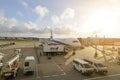 TOKYO - JULY 2018: All Nippon Airways ANA aircraft and services vehicle at Narita International Airport