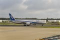 TOKYO - JULY 2018: All Nippon Airways ANA aircraft and services vehicle at Narita International Airport
