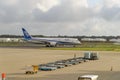 TOKYO - JULY 2018: All Nippon Airways ANA aircraft and services vehicle at Narita International Airport