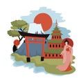 Tokyo landscape. Cartoon illustration of sights of Japan. Vector drawing for travel agency. Royalty Free Stock Photo