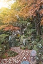 Tokyo Metropolitan Park KyuFurukawa japanese garden`s dry waterfall and fifteen stories pagoda overlooking by red maple momiji le