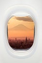 Tokyo and Mount Fuji at night seen through the window of airplane, travel in Japan concept