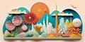 Tokyo paper art collage, vibrant layered colored paper, travel panoramic background, AI generative