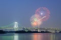 Tokyo rainbow bridge with beautiful firework Royalty Free Stock Photo