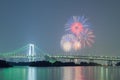 Tokyo rainbow bridge with beautiful firework Royalty Free Stock Photo