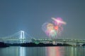 Tokyo rainbow bridge with beautiful firework Royalty Free Stock Photo