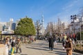 Tokyo Sky Tree tower which could be seen from Asakusa temple and the flock of people walking around the street. Tokyo, Japan Royalty Free Stock Photo