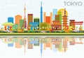 Tokyo Skyline with Color Buildings, Blue Sky and Reflections. Royalty Free Stock Photo