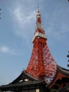 Tokyo Tower above ancient traditional Japanese style buildings