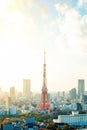 Tokyo tower, landmark of Japan, and panoramic modern city bird eye view with dramatic sunrise and morning sky Royalty Free Stock Photo