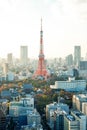 Tokyo tower, landmark of Japan, and panoramic modern city bird eye view with dramatic sunrise and morning sky Royalty Free Stock Photo