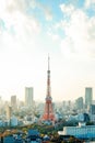 Tokyo tower, landmark of Japan, and panoramic modern city bird eye view with dramatic sunrise and morning sky Royalty Free Stock Photo