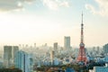 Tokyo tower, landmark of Japan, and panoramic modern city bird eye view with dramatic sunrise and morning sky Royalty Free Stock Photo