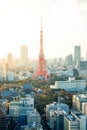 Tokyo tower, landmark of Japan, and panoramic modern city bird eye view with dramatic sunrise and morning sky Royalty Free Stock Photo