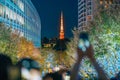 Tokyo Tower with Roppongi Hills Christmas Illumination, light up christmas market in Tokyo, Japan., landmark and popular for Royalty Free Stock Photo