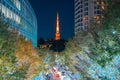 Tokyo Tower with Roppongi Hills Christmas Illumination, light up christmas market in Tokyo, Japan., landmark and popular for Royalty Free Stock Photo