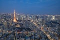 The Tokyo Tower and the streets at dusk Royalty Free Stock Photo