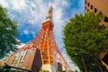 Tokyo tower on sunny day blue sky with green tree