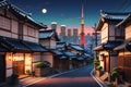 Tokyo Twilight: Cityscape at Dusk, Traditional Houses Lining the Street Captured in an Anime Art Style, Exuding Nostalgic Charm Royalty Free Stock Photo