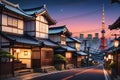 Tokyo Twilight: Cityscape at Dusk, Traditional Houses Lining the Street Captured in an Anime Art Style, Exuding Nostalgic Charm Royalty Free Stock Photo