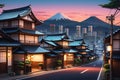 Tokyo Twilight: Cityscape at Dusk, Traditional Houses Lining the Street Captured in an Anime Art Style, Exuding Nostalgic Charm Royalty Free Stock Photo