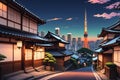 Tokyo Twilight: Cityscape at Dusk, Traditional Houses Lining the Street Captured in an Anime Art Style, Exuding Nostalgic Charm Royalty Free Stock Photo