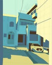 Tokyo yard, color vector illustration, car in old yard japan manga style background blue and yellow colors