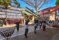 Japanese hikeshi firefighters in happi outfits hoist a bamboo ladder to perform Hashigo-nori in Suga Shrine.